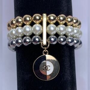 Gold Silver pearl faux pearl stretch Bracelet Chanel Charm